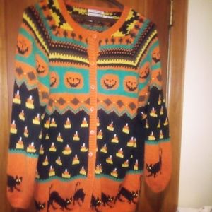 HAND KNIT HOLIDAY FALL /HALLOWEEN CARDIGAN SWEATER SIZE LARGE